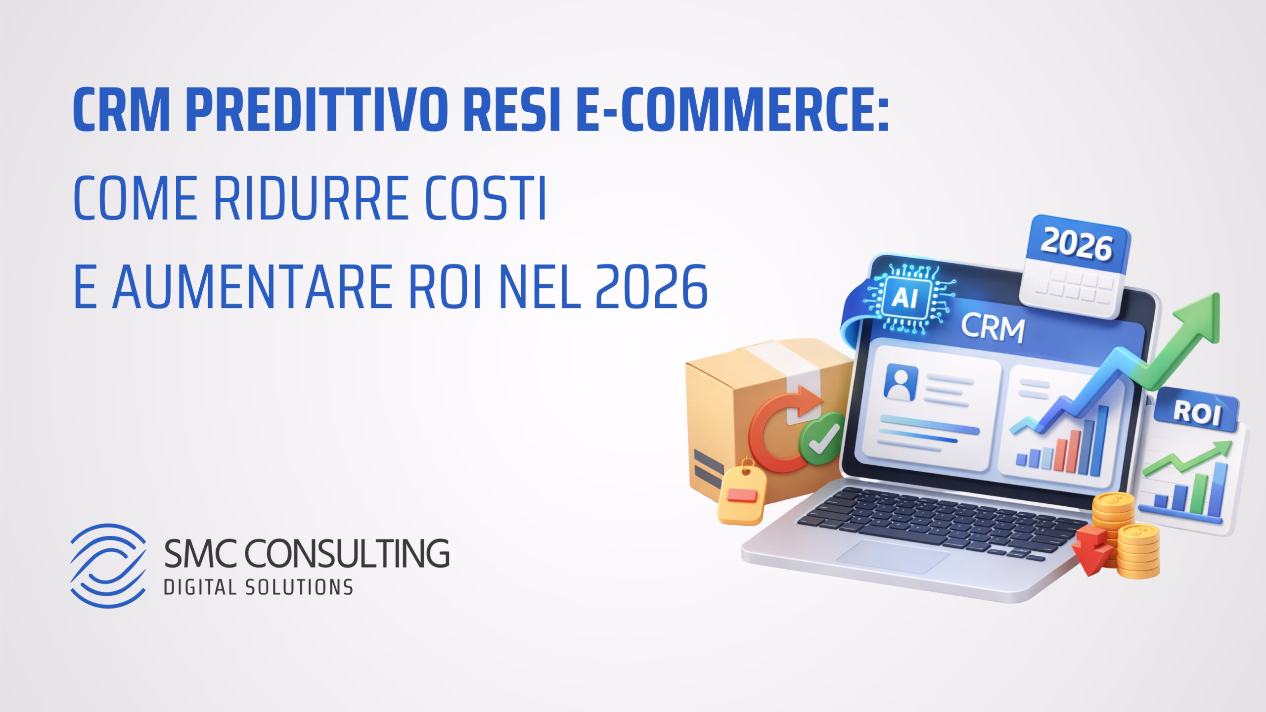 Illustrazione di un CRM predittivo per l’e-commerce con intelligenza artificiale, gestione dei resi, analisi dei dati e indicatori di crescita del ROI, a rappresentare la riduzione dei costi e l’ottimizzazione delle performance nel 2026